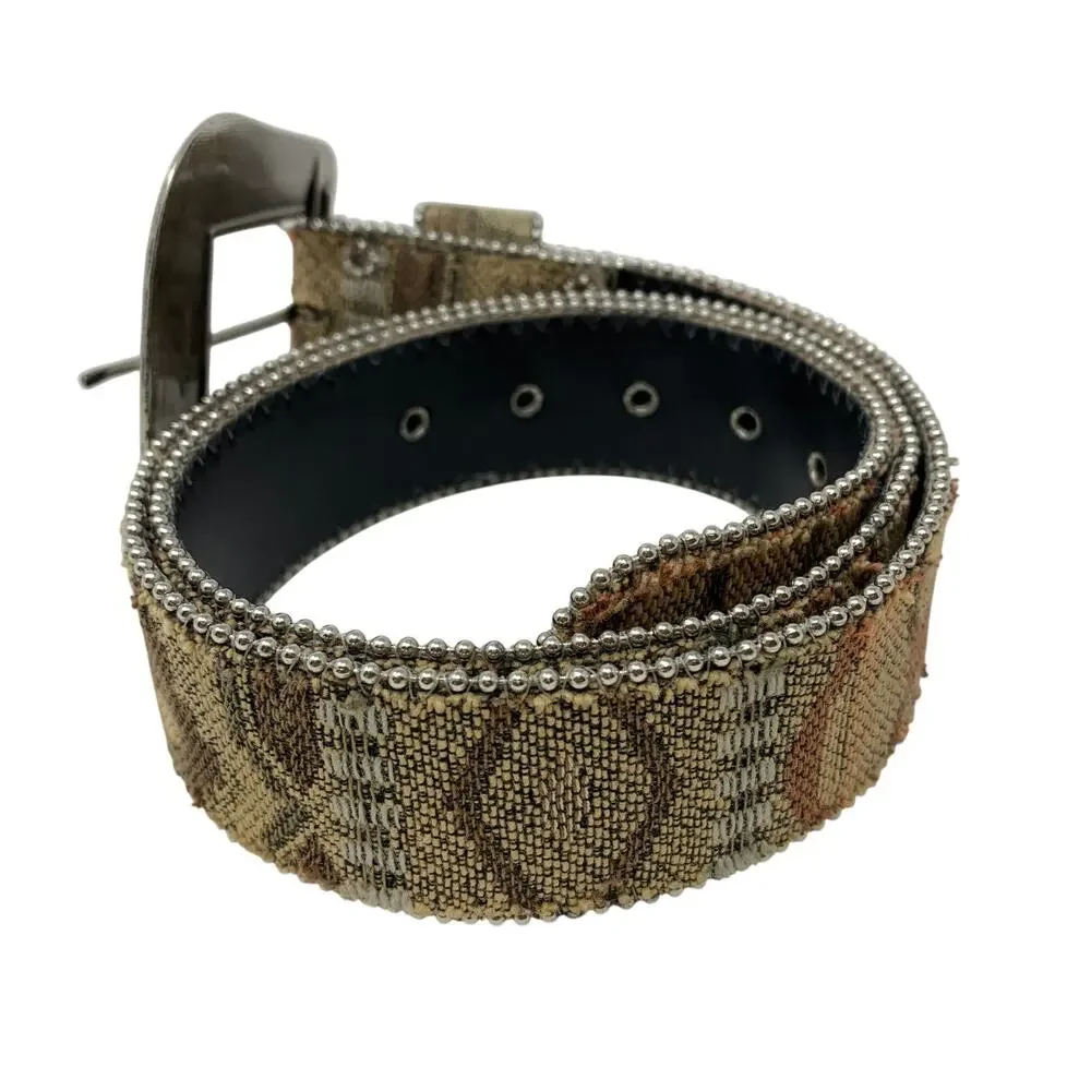 VTG Elite Neutral Tones Silver Tone Engraved Buckle Beaded Trim Belt Apx Sz M